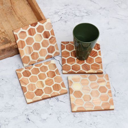 White and Brown Honeycomb Pattern Wooden Coasters - Pack of 4